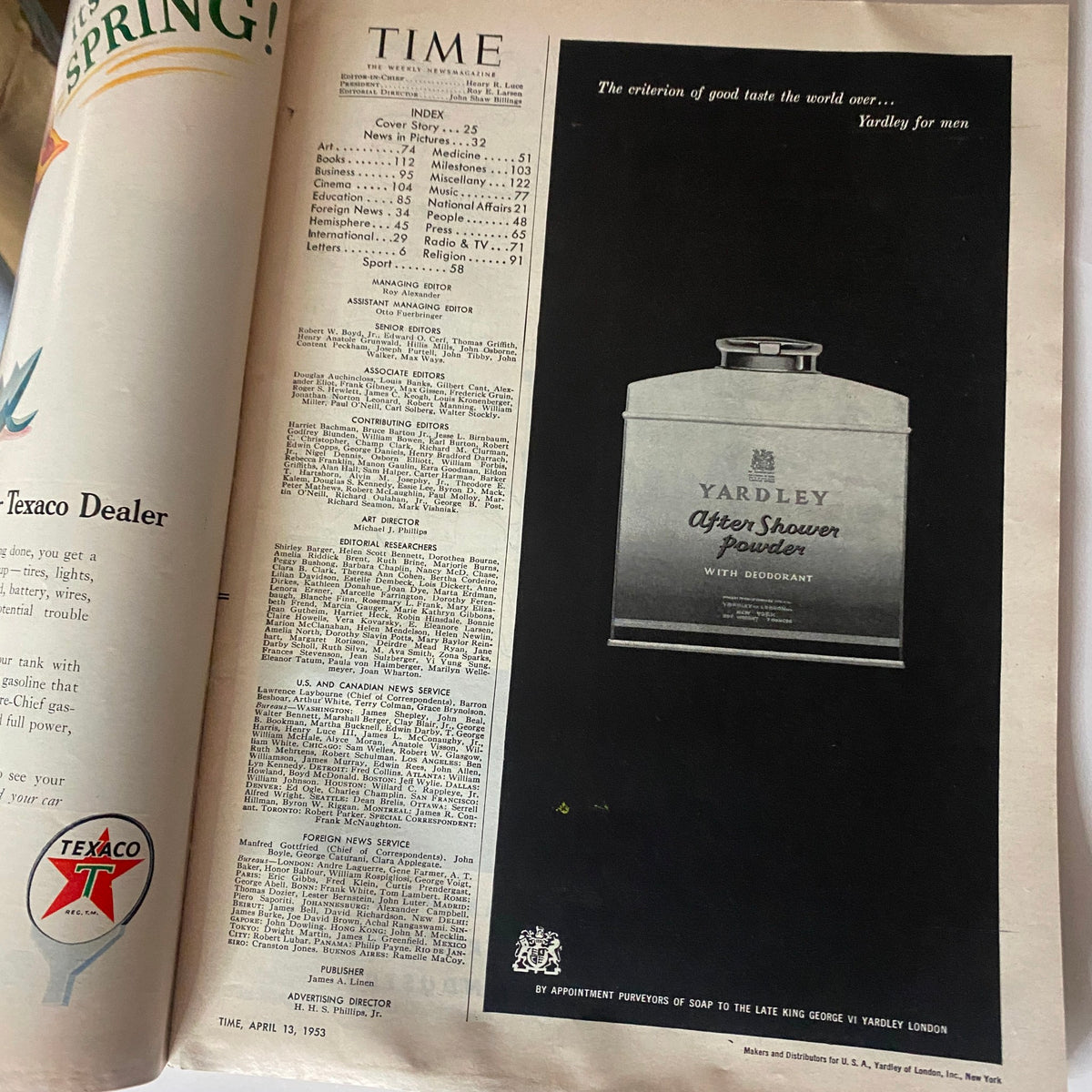 Inside page of VTG Time Magazine April 13, 1953 featuring an advertisement for Yardley After Shower powder, displaying vintage magazine layout and content.