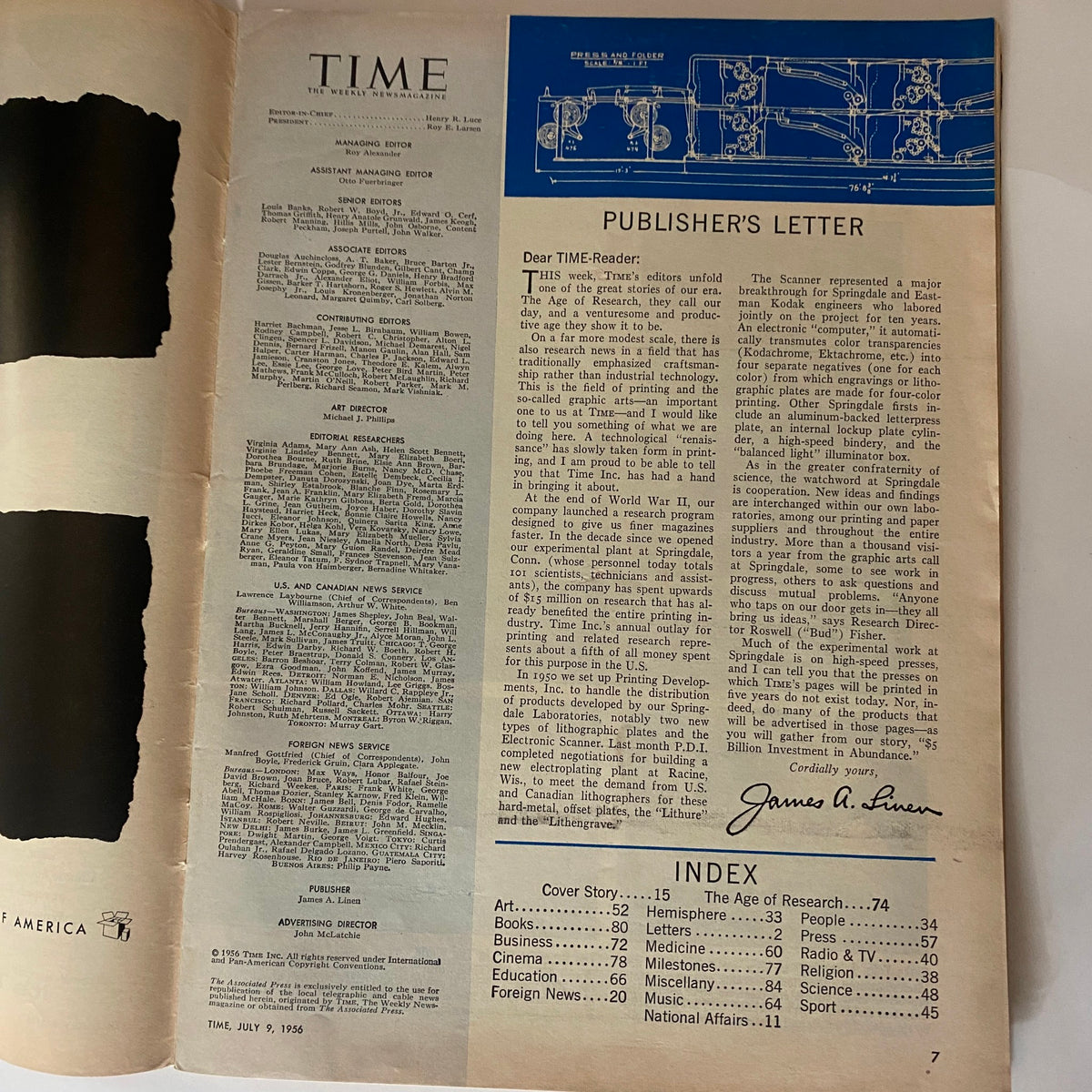 Interior page of the July 9, 1956, Vintage Time Magazine detailing the Publisher's Letter and Index, reflecting mid-century journalism.
