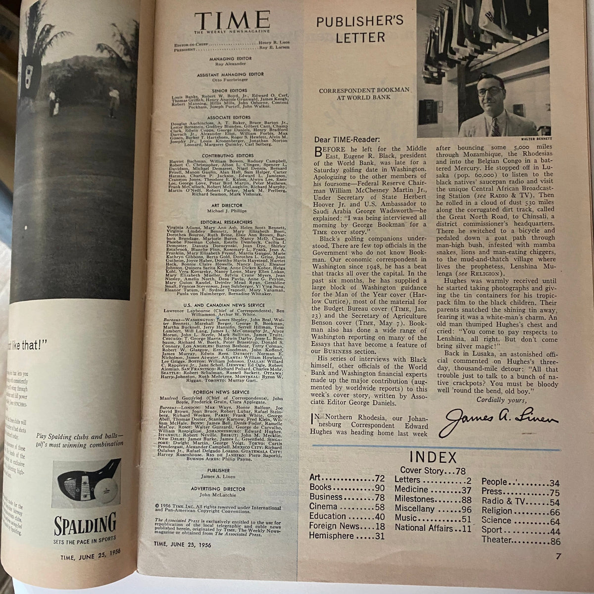 Inside page of VTG Time Magazine June 25, 1956, featuring the Publisher's Letter and editorial team details.
