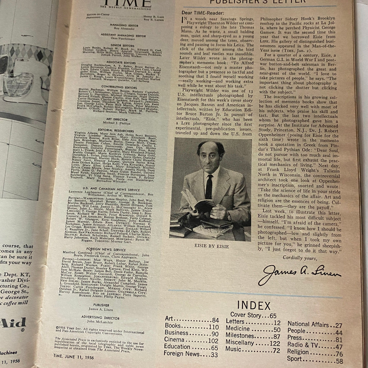 Inside page of VTG Time Magazine June 11, 1956 displaying the publisher's letter with an image of a man reading, showcasing mid-20th century editorial style.