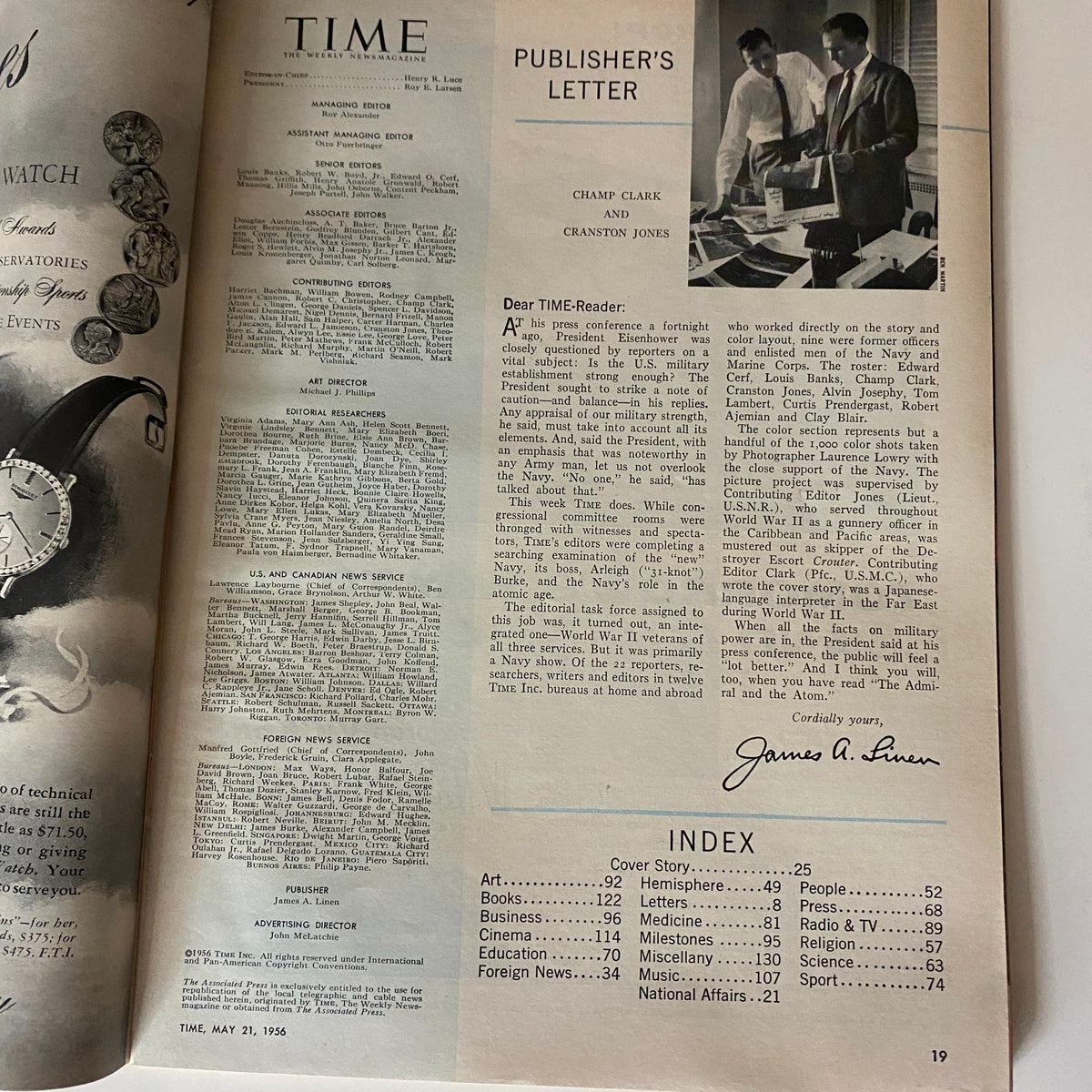 Inside page of VTG Time Magazine May 21, 1956 containing the Publisher's Letter and editorial notes, offering a glimpse into the magazine's layout and historical context.