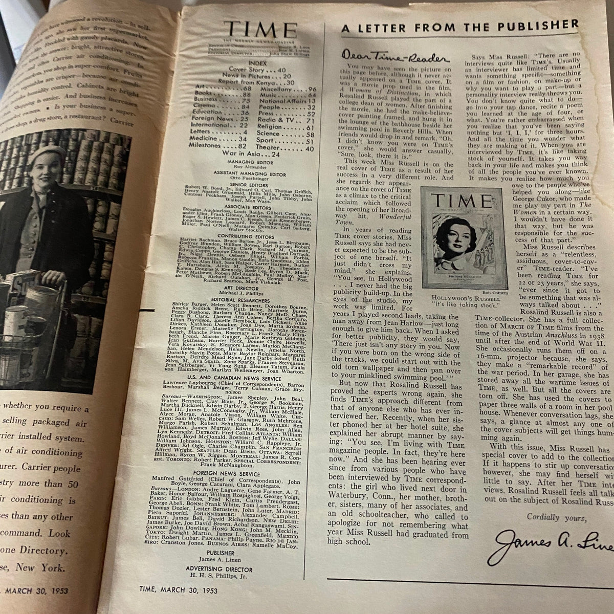 Inside page of VTG Time Magazine March 30, 1953 Vol 61 No. 13 displaying the magazine's index and a letter from the publisher, providing insights into the content and historical context.