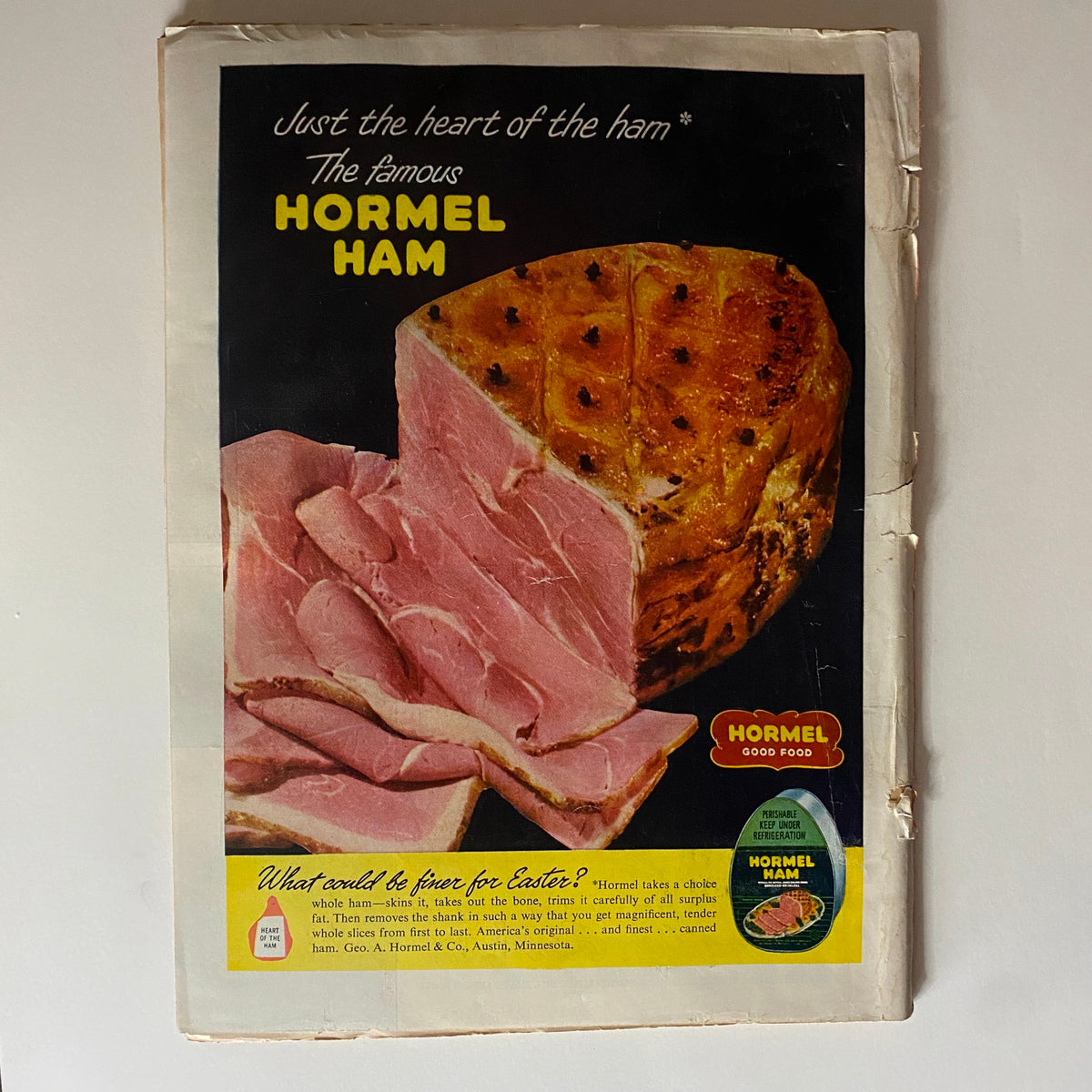 Vintage advertisement for Hormel Ham featured in VTG Time Magazine March 30, 1953 Vol 61 No. 13 with a close-up of sliced ham and a baked ham centerpiece.