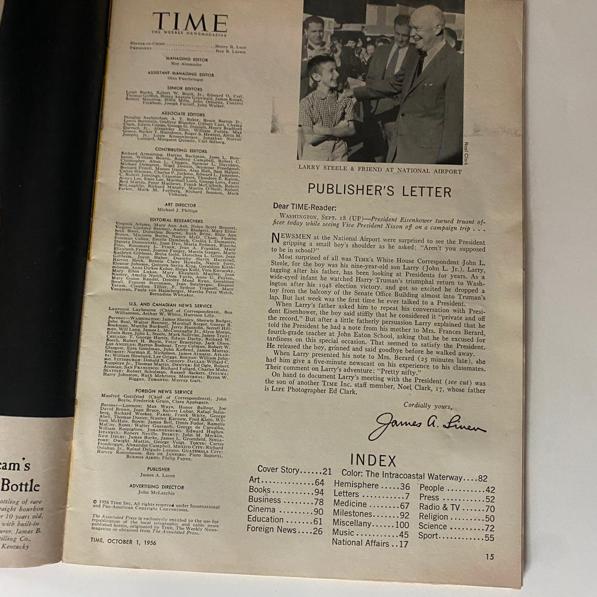 Inside page of Time Magazine from October 1, 1956, displaying the publisher's letter and index for Volume 68, Number 14.