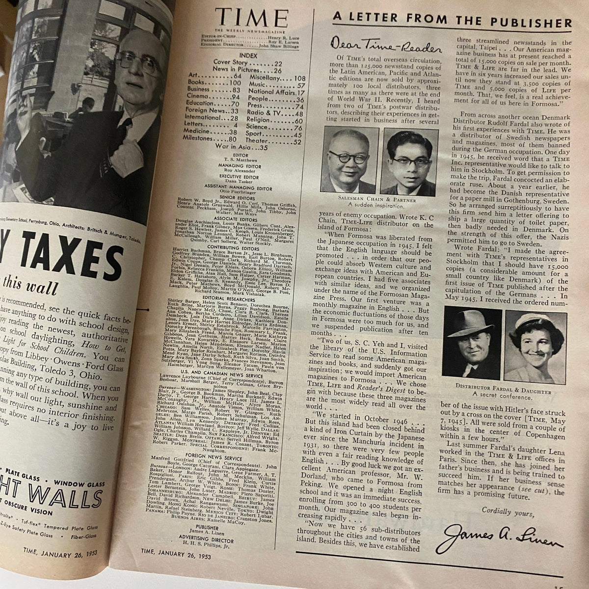 Interior page of VTG Time Magazine January 26, 1953, displaying a letter from the publisher and an index of contents.