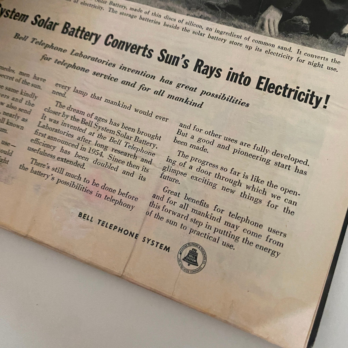Feature article about the Bell Telephone System Solar Battery in VTG Time Magazine August 27, 1956 Vol 68 No. 9.