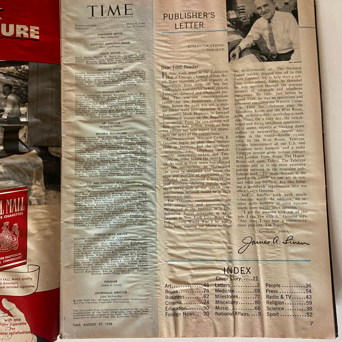 Publisher's letter and index from VTG Time Magazine August 27, 1956 Vol 68 No. 9.