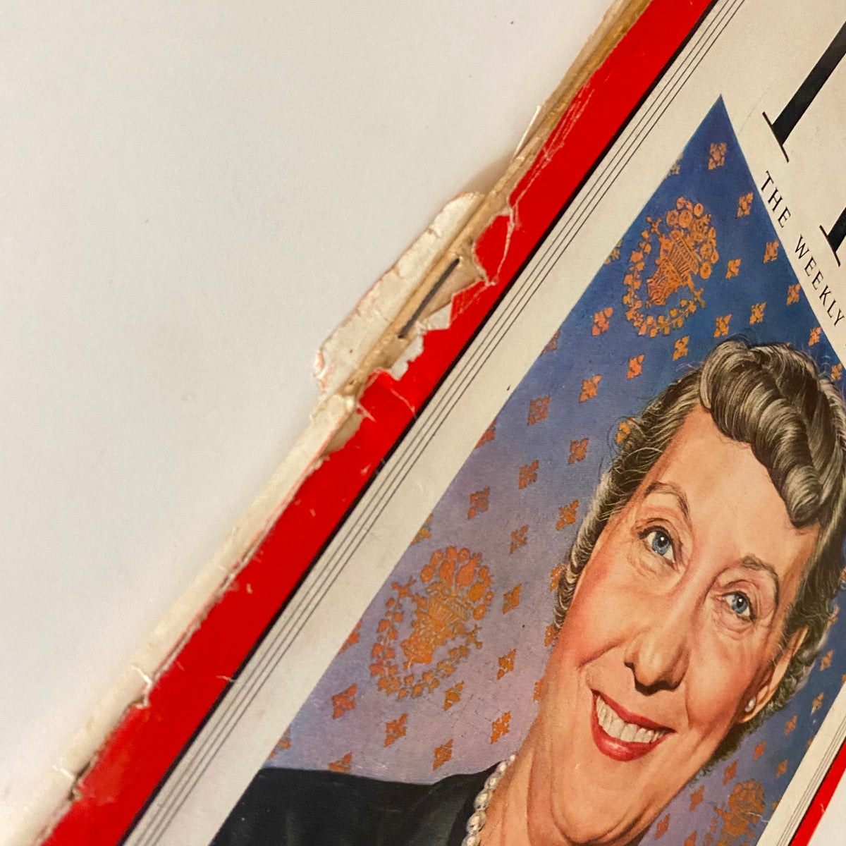 Close-up view of the cover of VTG Time Magazine January 19, 1953, Vol 61 No. 3, highlighting Mamie Eisenhower's portrait and intricate details on the magazine cover.