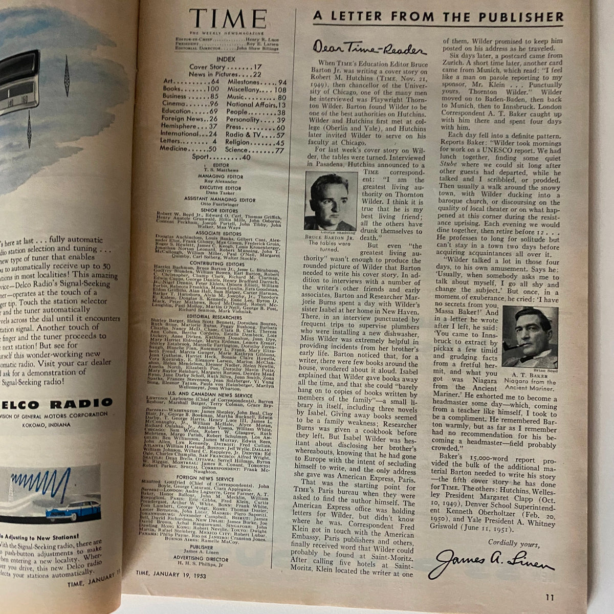 Inside page of VTG Time Magazine January 19, 1953, displaying a letter from the publisher, along with the magazine's index and editorial information.