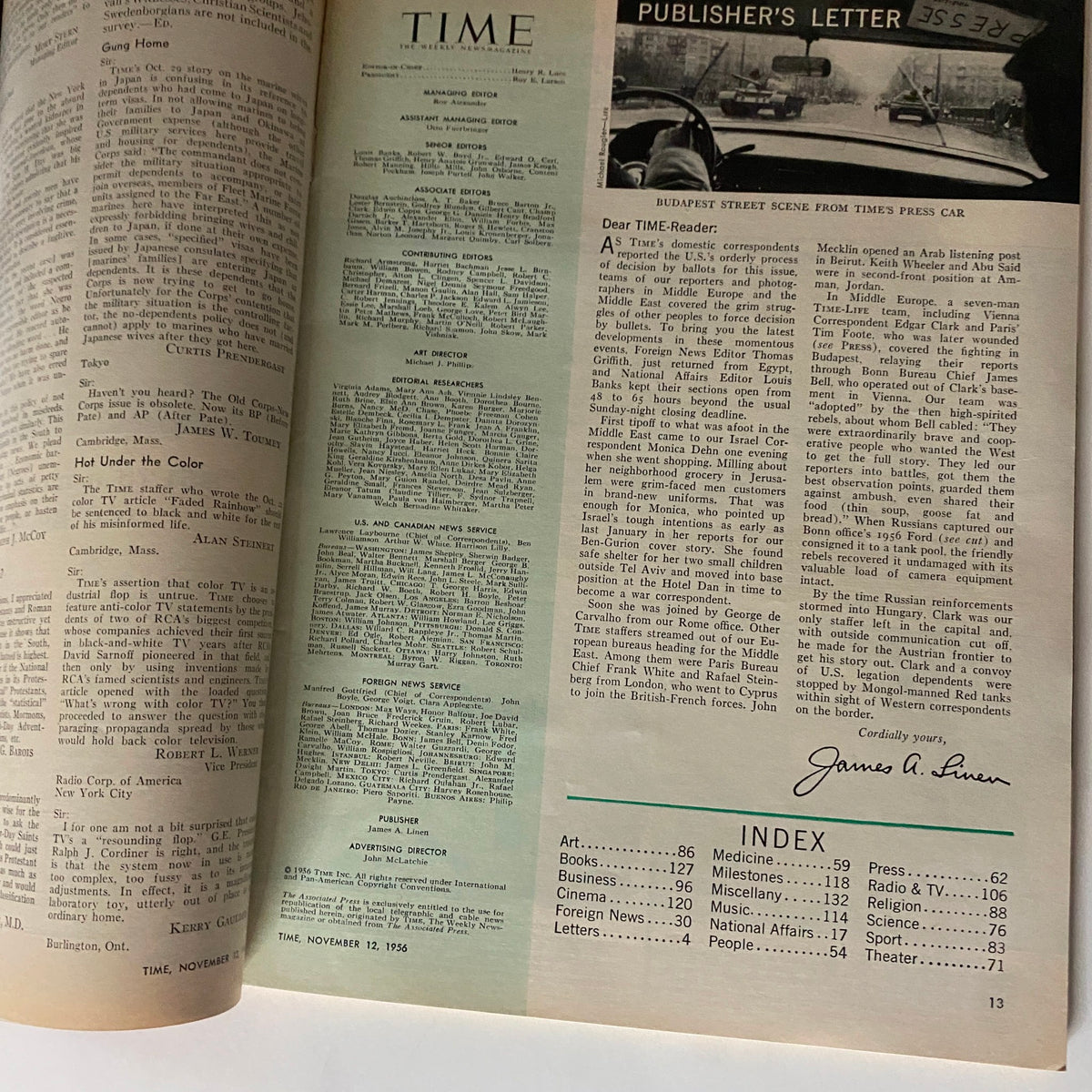 Interior page of Vintage Time Magazine from November 12, 1956 featuring publisher's letter and editorial details on American politics during the Cold War, highlighting the era of Dwight D. Eisenhower and Richard Nixon.
