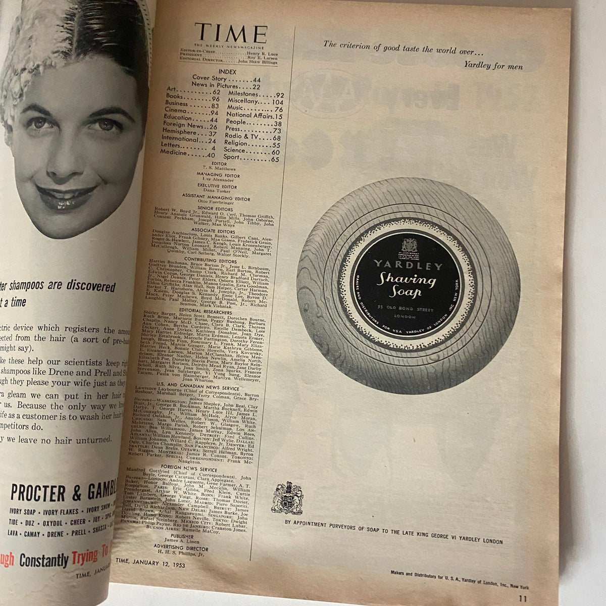 Inside view of VTG Time Magazine January 12, 1953 Vol 61 No. 2, displaying the index page with advertisements, reflecting the media style of the early 1950s.