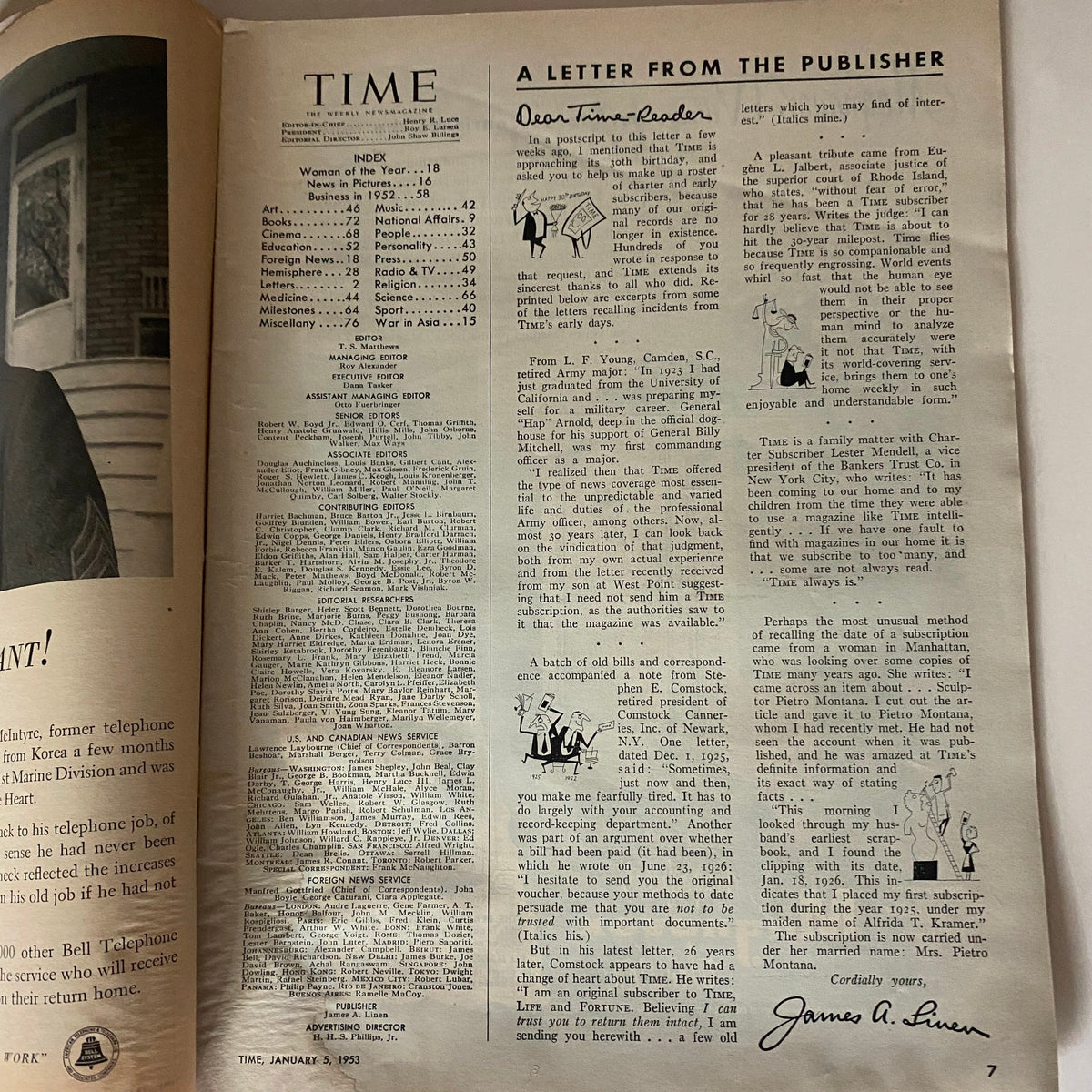 Interior page of VTG Time Magazine January 5, 1953 Vol 61 No. 1 featuring a letter from the publisher and the magazine index. Collectible historical magazine highlighting Elizabeth II as Woman of the Year.