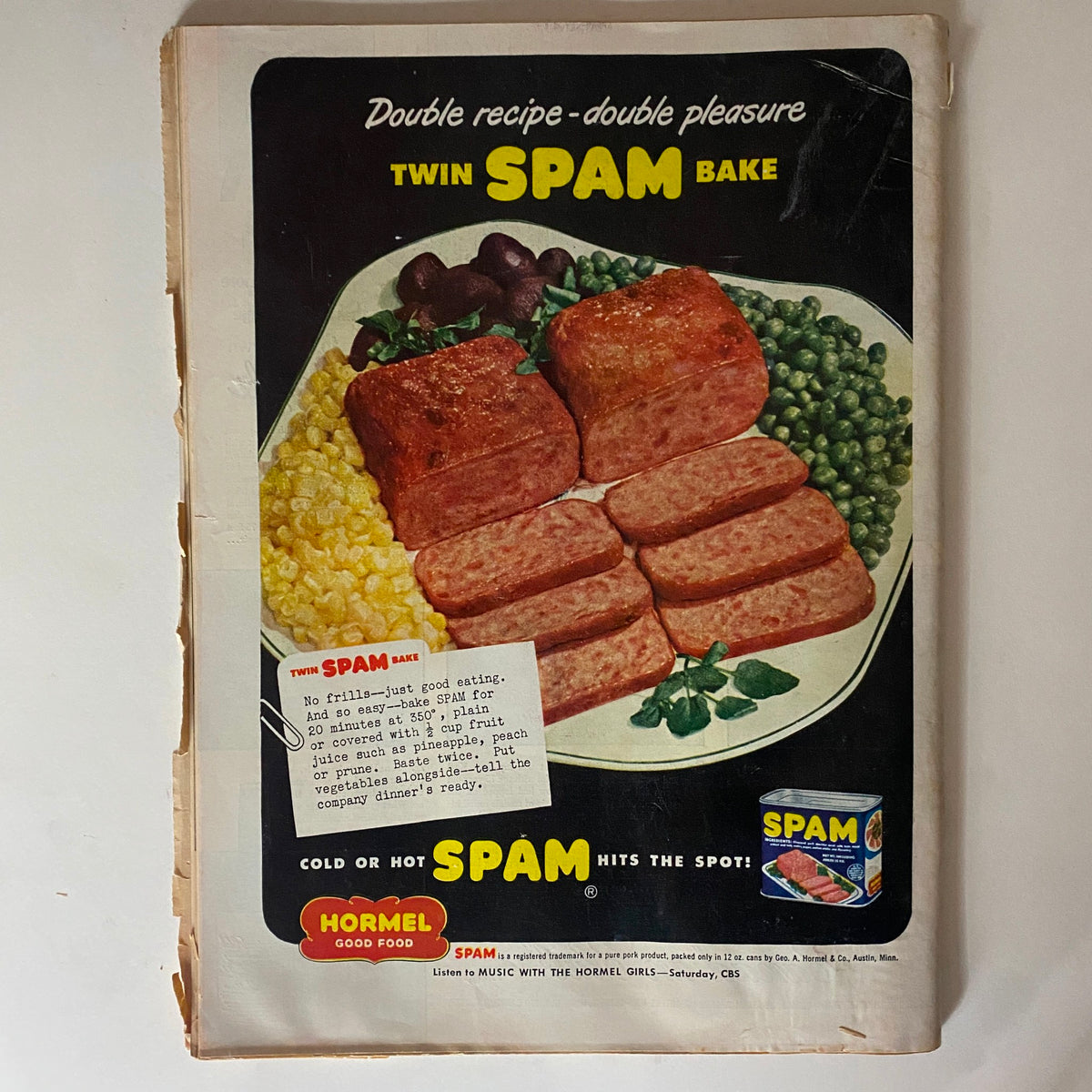 Back cover of VTG Time Magazine January 5, 1953 Vol 61 No. 1 with recipe advertisement for 'Twin Spam Bake.' Showcases vintage food marketing alongside the iconic magazine feature on Elizabeth II.