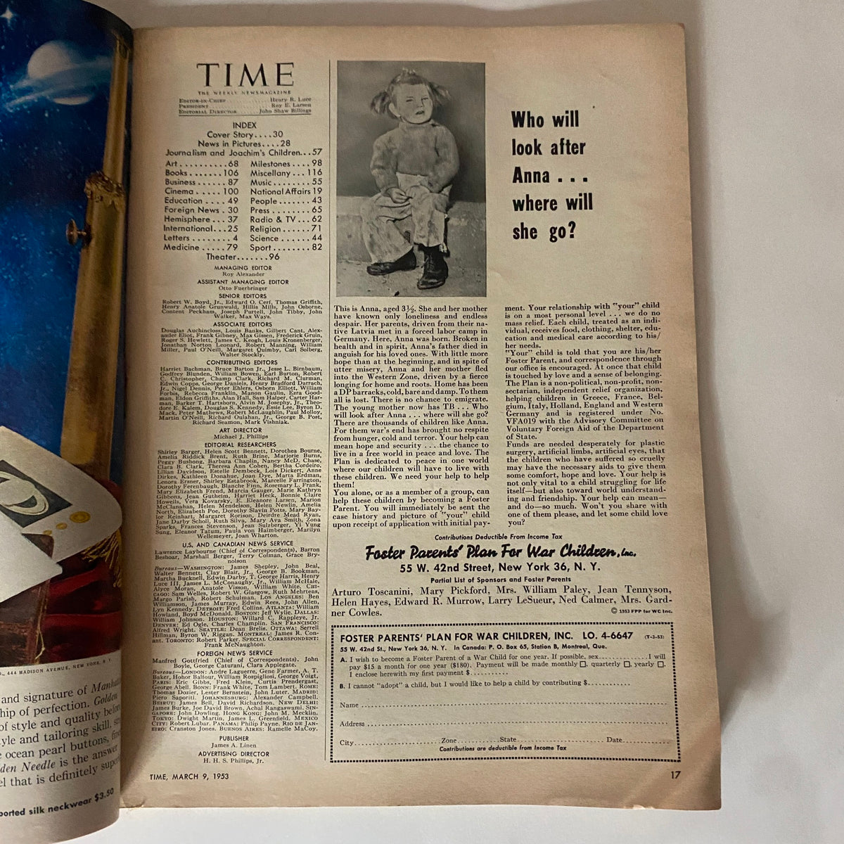 Page from VTG Time Magazine March 9, 1953, featuring the index and an article about a child named Anna, highlighting the magazine's content.