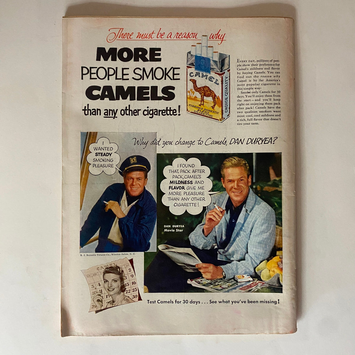 Vintage advertisement from Time Magazine February 23, 1953, featuring Camel cigarettes, with endorsements by movie star Dan Duryea promoting their smoothness and flavor.