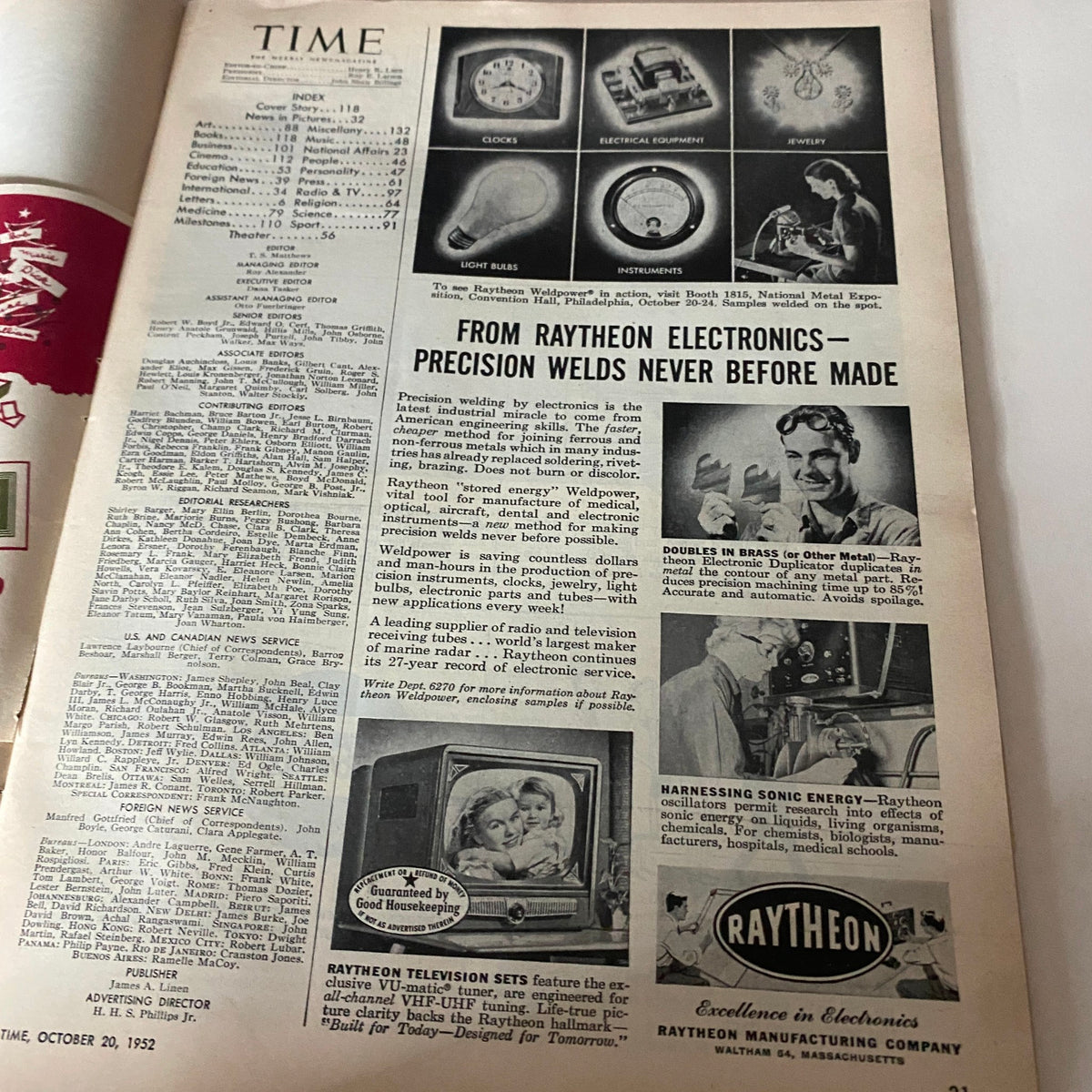 Inside page of the vintage Time Magazine from October 20, 1952, displaying advertisements and the magazine's index.