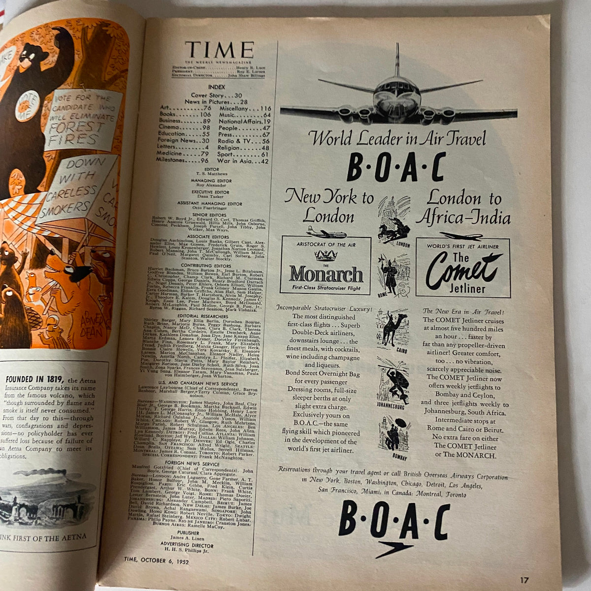 Inside of VTG Time Magazine October 6, 1952 Vol 60 No. 14 featuring articles, index, and advertisements related to air travel, including BOAC.