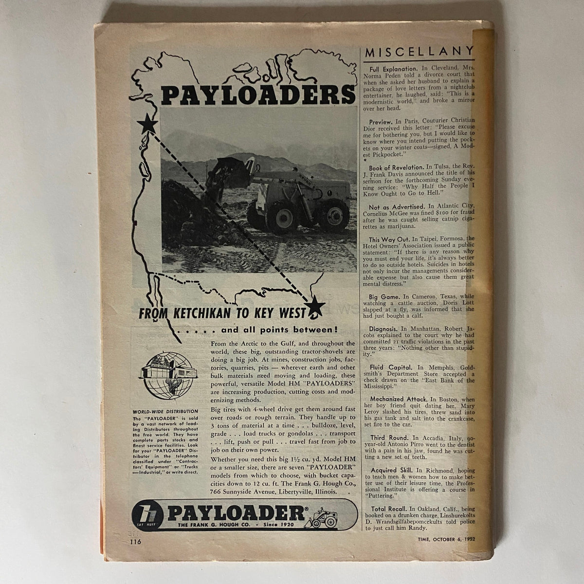 Another page from VTG Time Magazine October 6, 1952 Vol 60 No. 14 highlighting an advertisement for Payloader machinery along with miscellaneous articles.