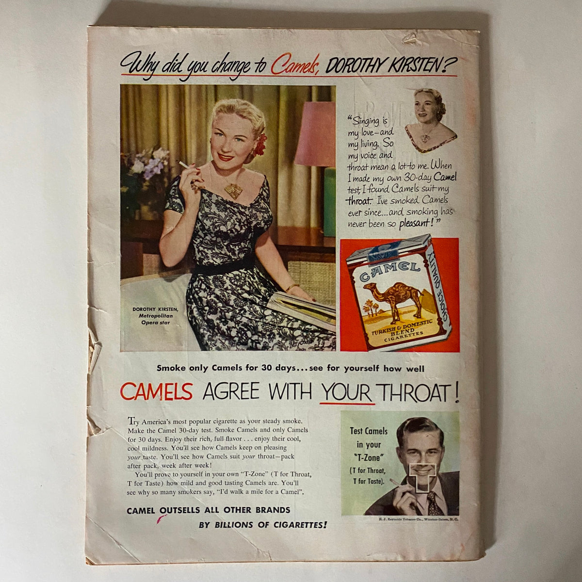 Advertisement page in VTG Time Magazine September 22, 1952 featuring actress Dorothy Kirsten promoting Camel cigarettes.
