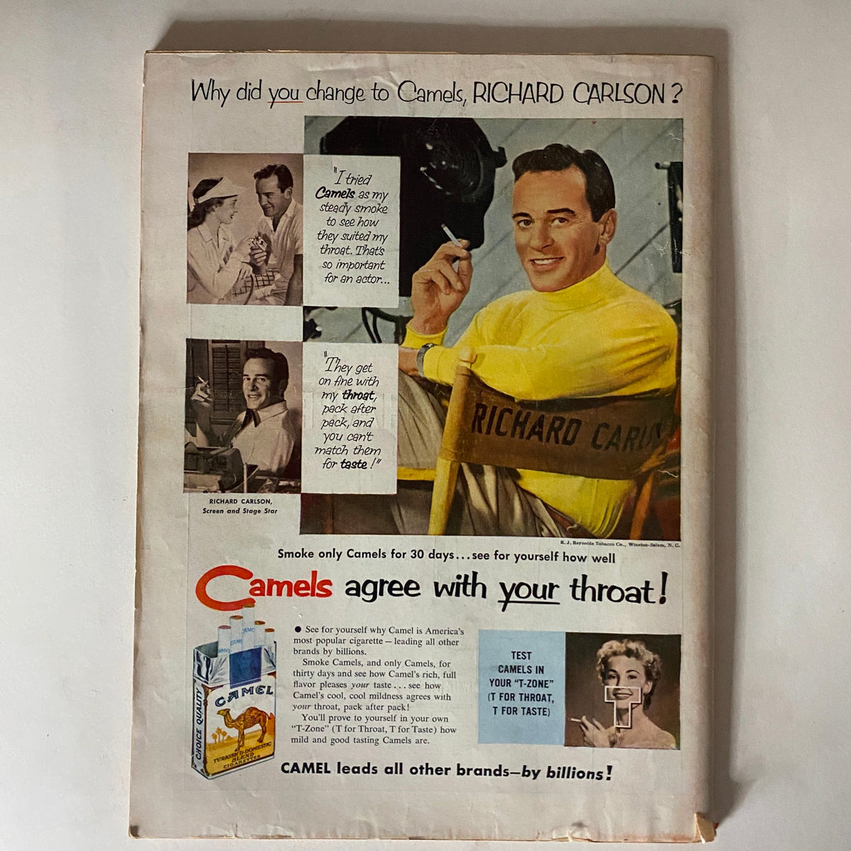 Advertisement page from VTG Time Magazine September 8, 1952 featuring Richard Carlson promoting Camels cigarettes, showcasing vintage advertising styles of the era.