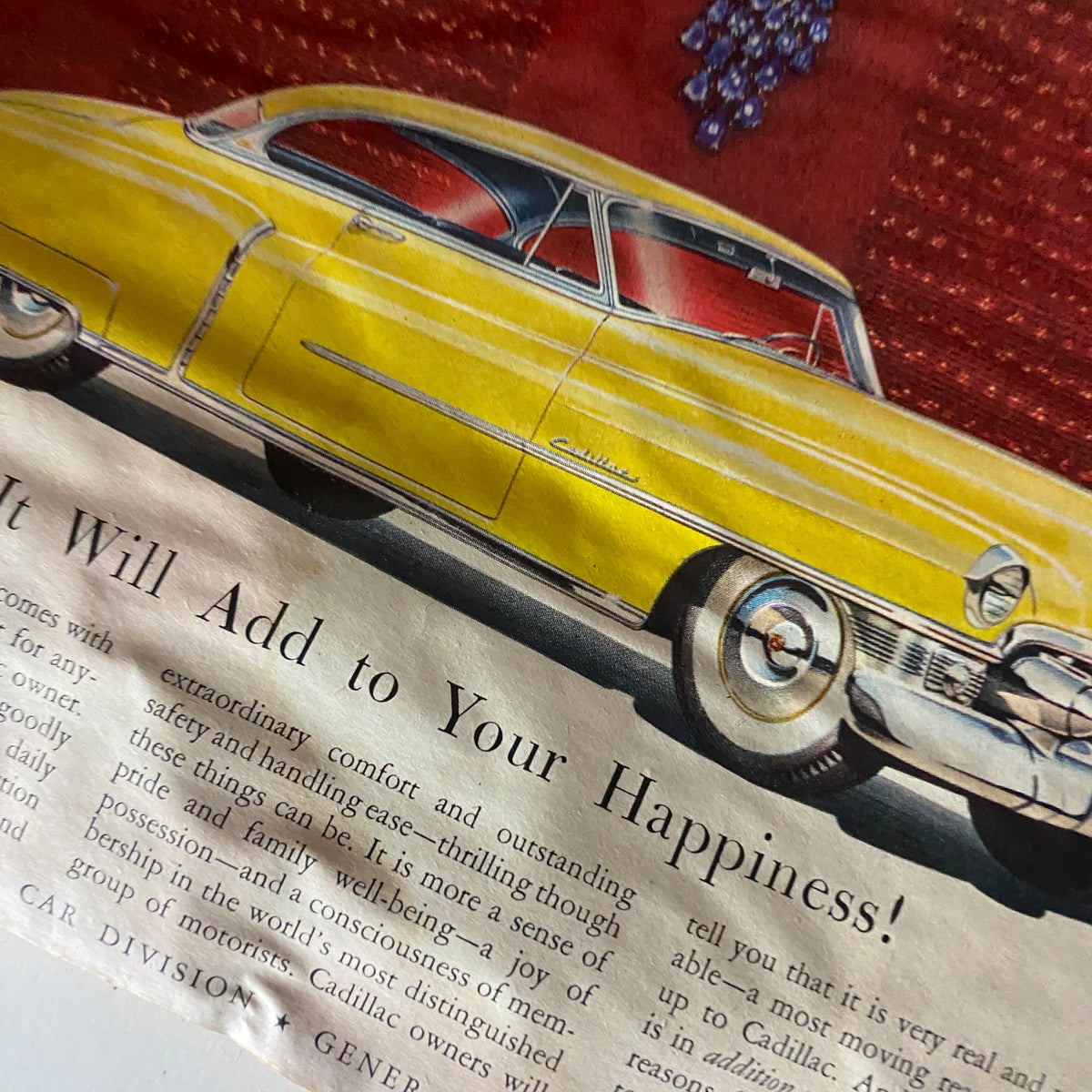 Vintage advertisement featuring a yellow Cadillac car, promoting comfort and happiness, from VTG Time Magazine November 9, 1953 Vol 62 No. 19 Johnny Lattner.