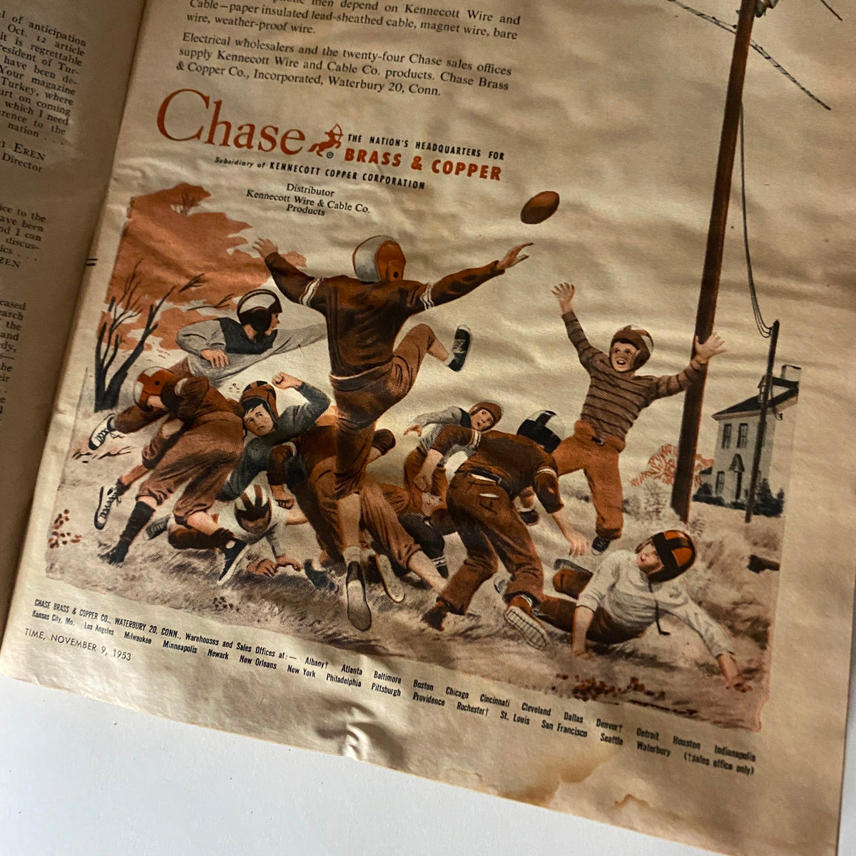 Illustration of football players in action, advertising Chase Brass & Copper, from VTG Time Magazine November 9, 1953 Vol 62 No. 19 Johnny Lattner.