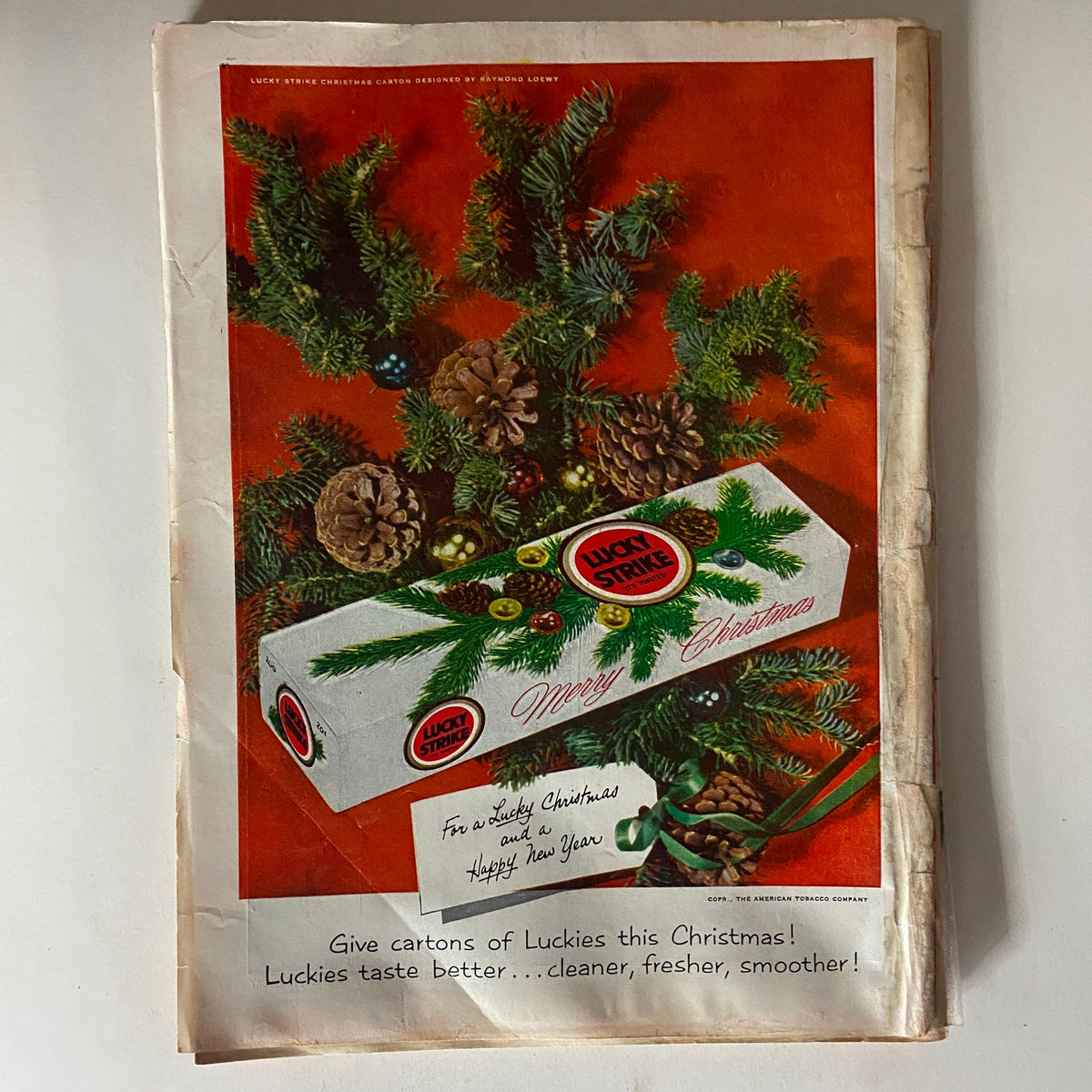 Back cover of VTG Time Magazine November 30, 1953 showcasing a colorful Lucky Strike advertisement with Christmas decorations and a festive message.