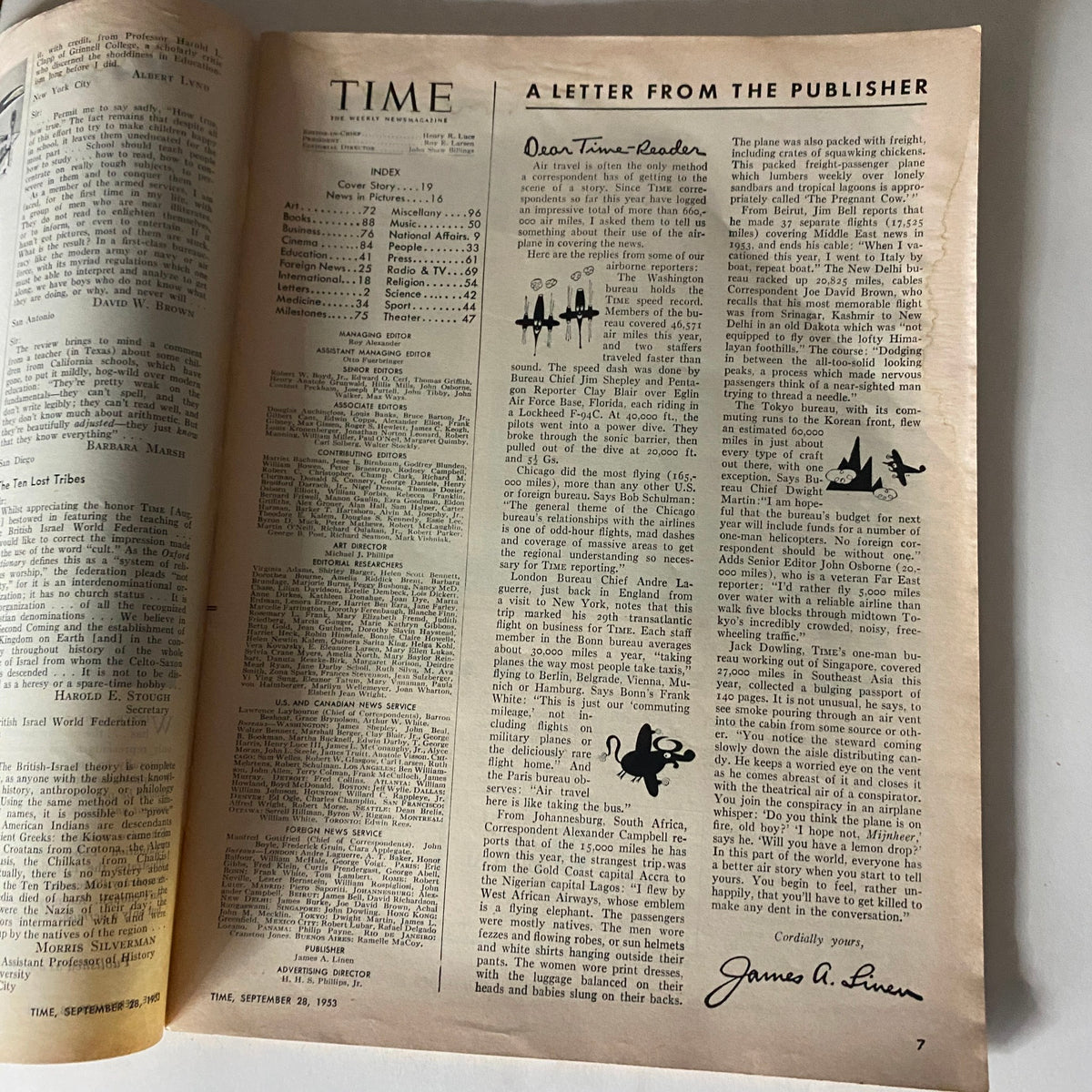 Interior page of VTG Time Magazine dated September 28, 1953, featuring a letter from the publisher along with an index of articles that outline the content for the issue.