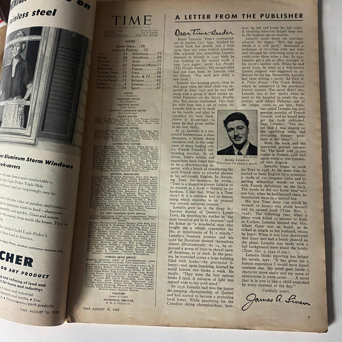 Inside page of VTG Time Magazine August 18, 1952, featuring a letter from the publisher and the magazine's index.