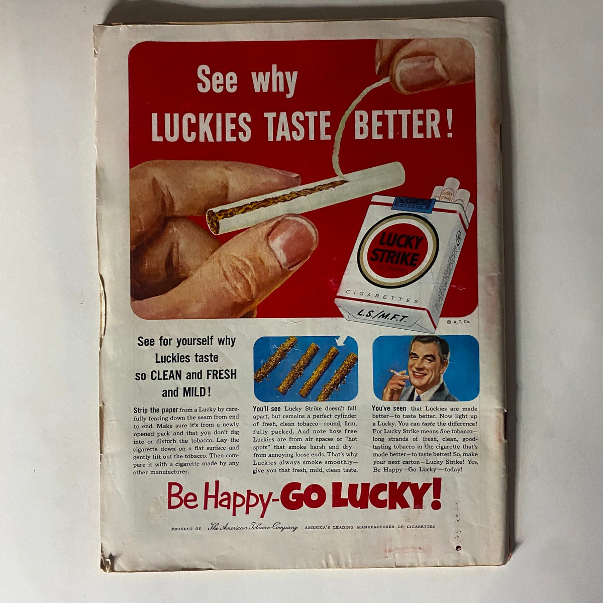 Vintage advertisement for Lucky Strike cigarettes featured on the back cover of VTG Time Magazine August 11, 1952 Vol 60 No. 6 John Sparkman, highlighting the slogan 'See why Luckies taste better!' with a hand holding a cigarette.