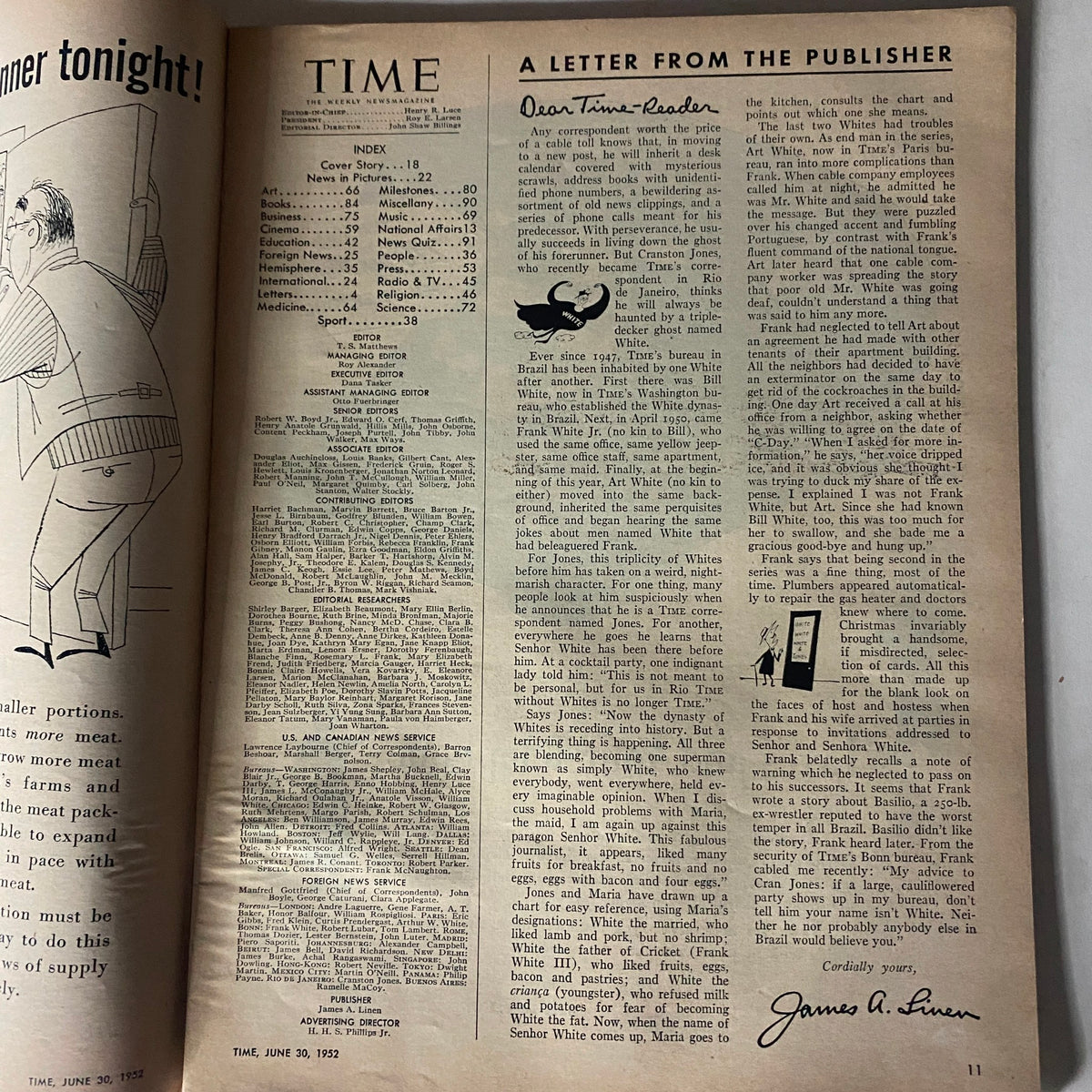 Inside page of VTG Time Magazine June 30, 1952 featuring a letter from the publisher and an index of articles from that issue.