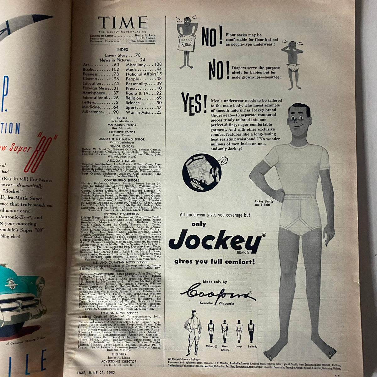 Inside page of VTG Time Magazine June 23, 1952 Vol 59 No. 25 displaying the index and advertisements, reflecting mid-20th century marketing and editorial style.
