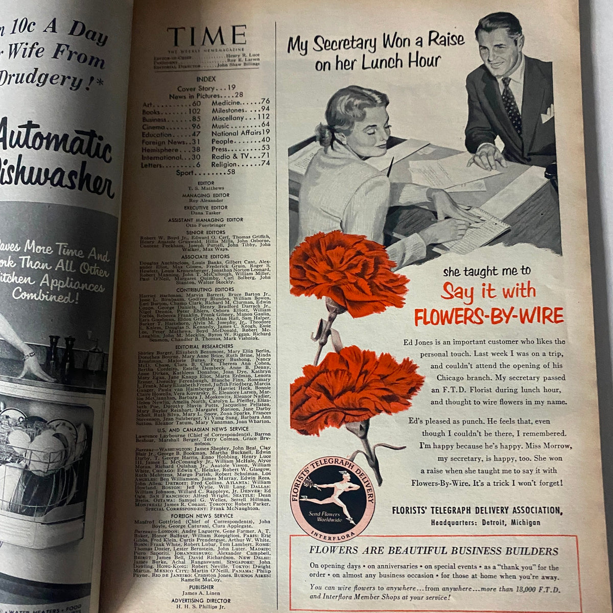 Inside spread of VTG Time Magazine from June 16, 1952 showing the index and advertisements, reflecting the editorial style of the era.