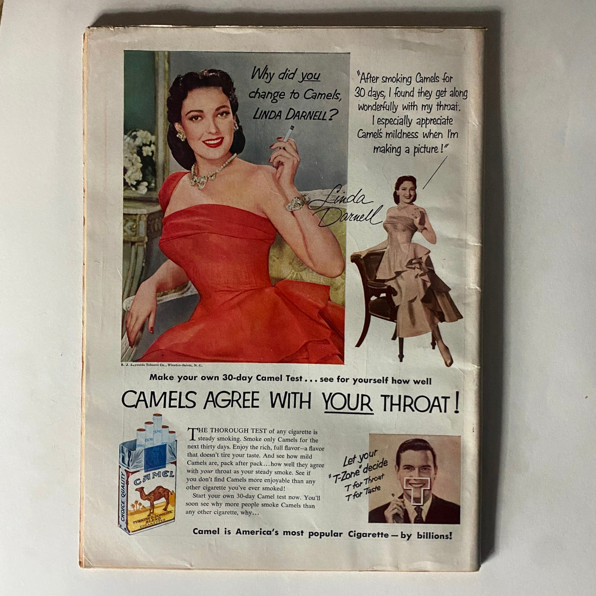 Advertisement page from VTG Time Magazine June 16, 1952 featuring actress Linda Darnell promoting Camel cigarettes, showcasing vintage marketing aesthetics.