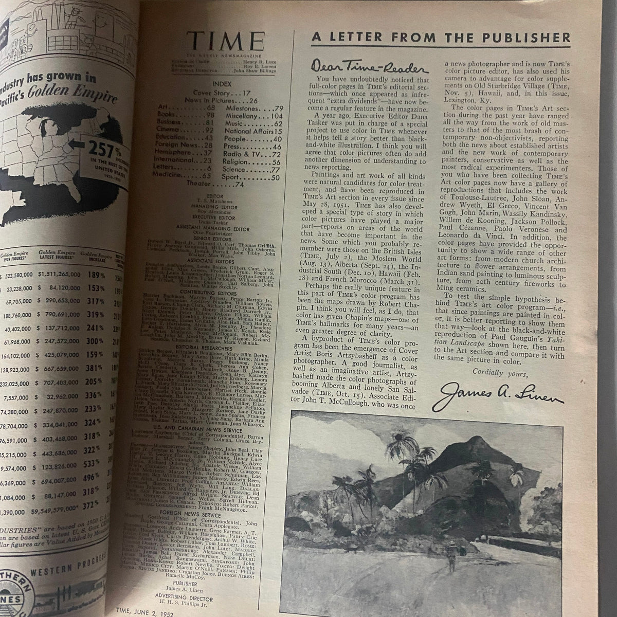 Inside page of VTG Time Magazine June 2, 1952 showing the publisher's letter and contents index, along with advertisements from the early 1950s.