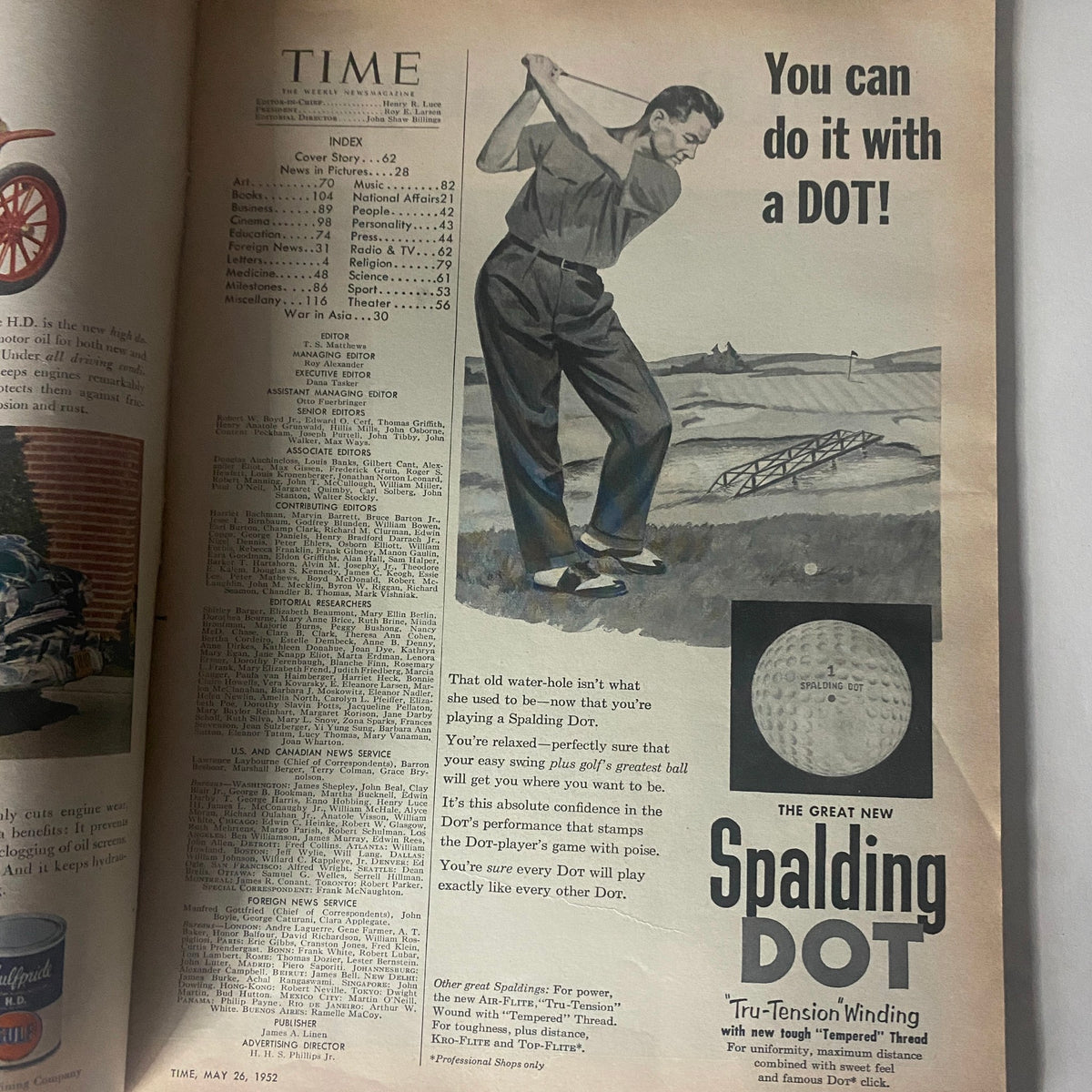 Interior page of VTG Time Magazine May 26, 1952 featuring advertisement for Spalding golf balls with a man preparing to swing a golf club.