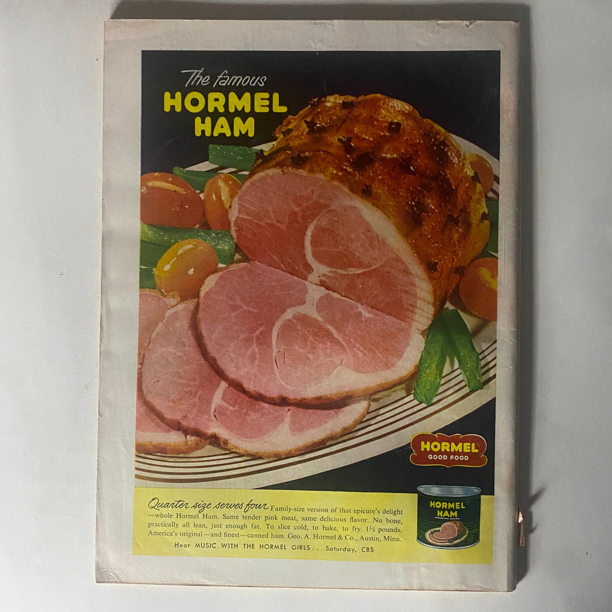 Back cover of VTG Time Magazine May 26, 1952 showcasing an advertisement for Hormel Ham with vibrant imagery of sliced ham and garnishing vegetables.
