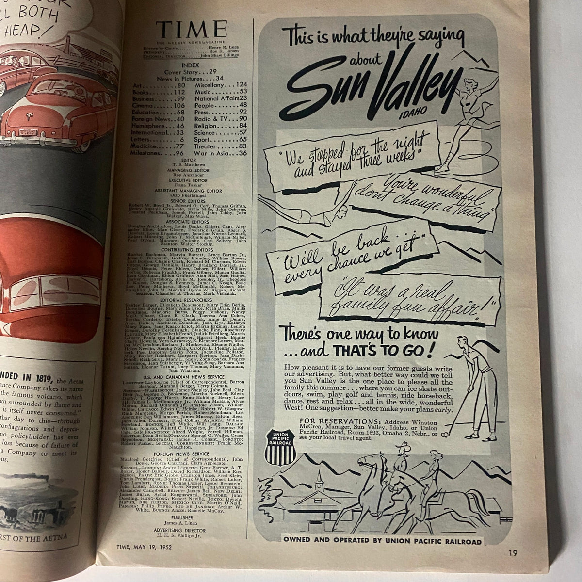 Interior page from the VTG Time Magazine May 19, 1952, displaying advertisements and the index section, reflecting the era's design and content.