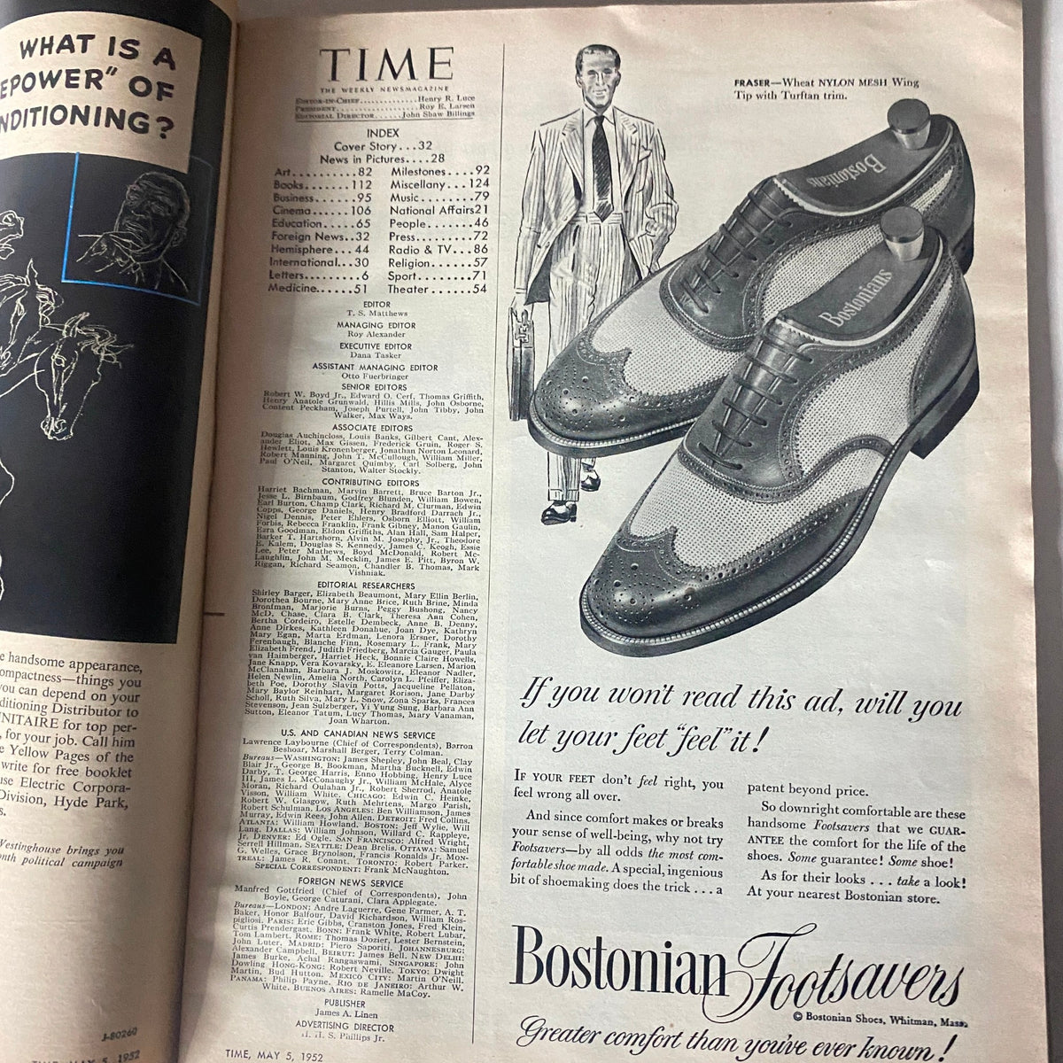 Interior page of Time Magazine dated May 5, 1952, showcasing the contents and an advertisement for Bostonian Footsavers shoes.