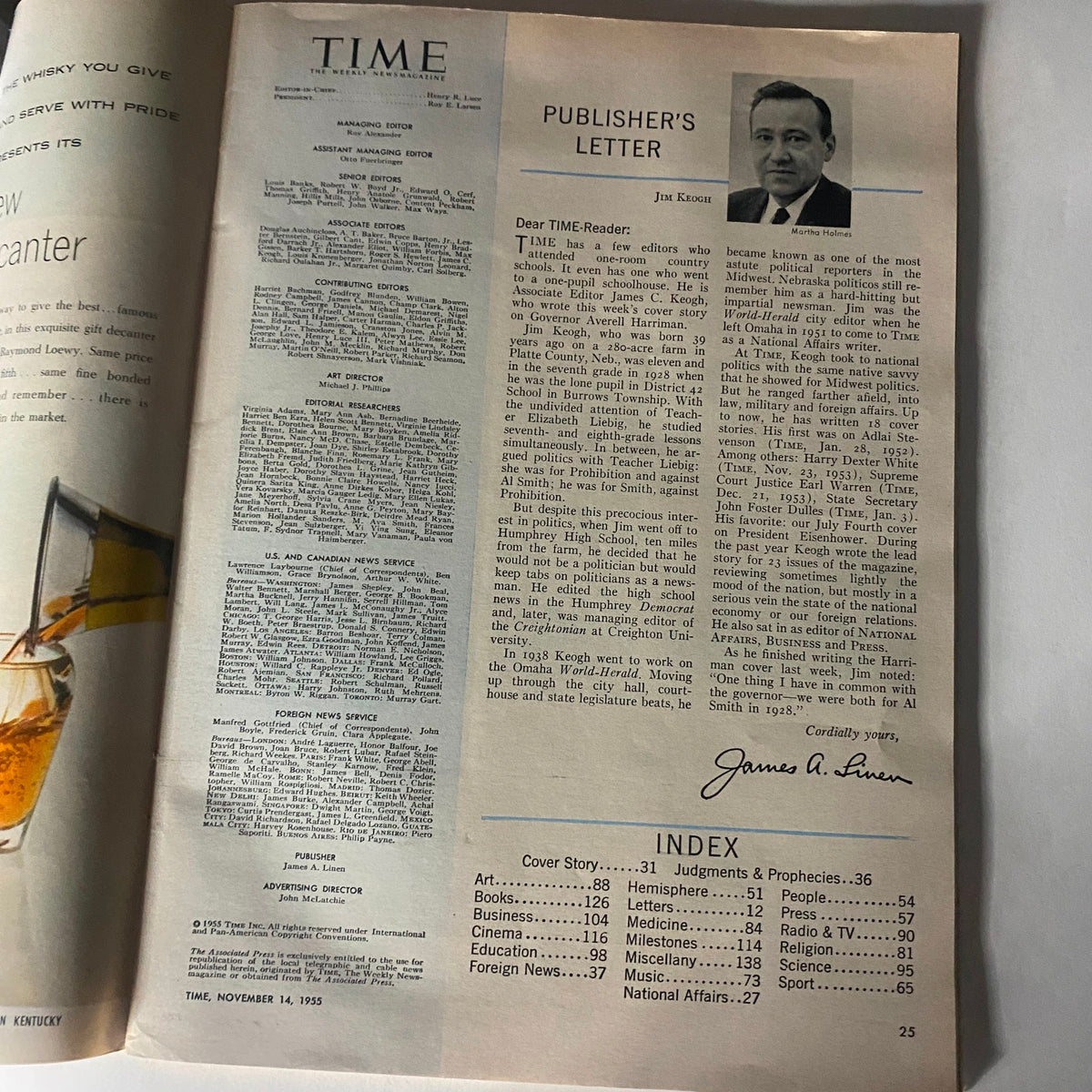 Inside page of VTG Time Magazine November 14, 1955, displaying the publisher's letter and editorial team details.