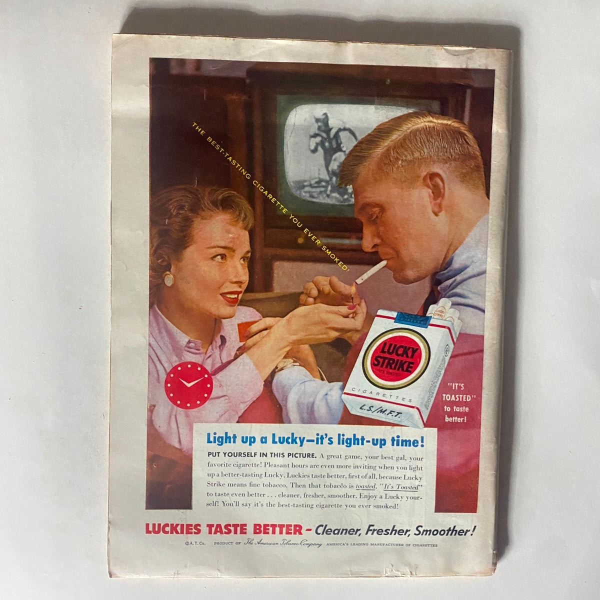 Vintage advertisement page from VTG Time Magazine November 14, 1955, promoting Lucky Strike cigarettes with a nostalgic design.