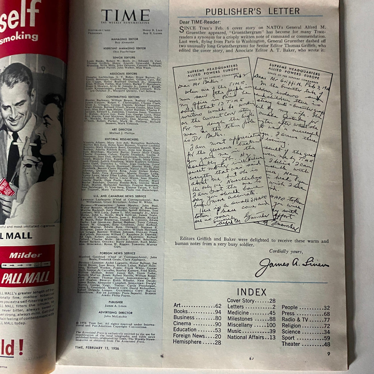 Inside page of VTG Time Magazine February 13, 1956 Vol 67 No. 7 showcasing the publisher's letter, editorial staff, and magazine index with vintage layout elements.