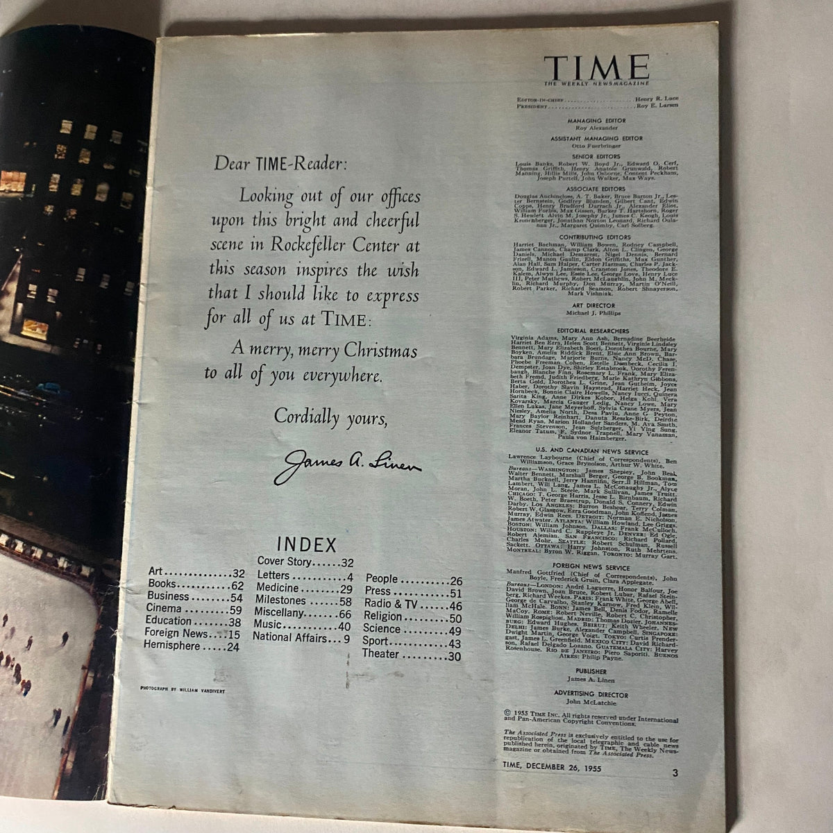Inside page of VTG Time Magazine December 26, 1955 Vol 66 No. 26 displaying holiday greetings and index.
