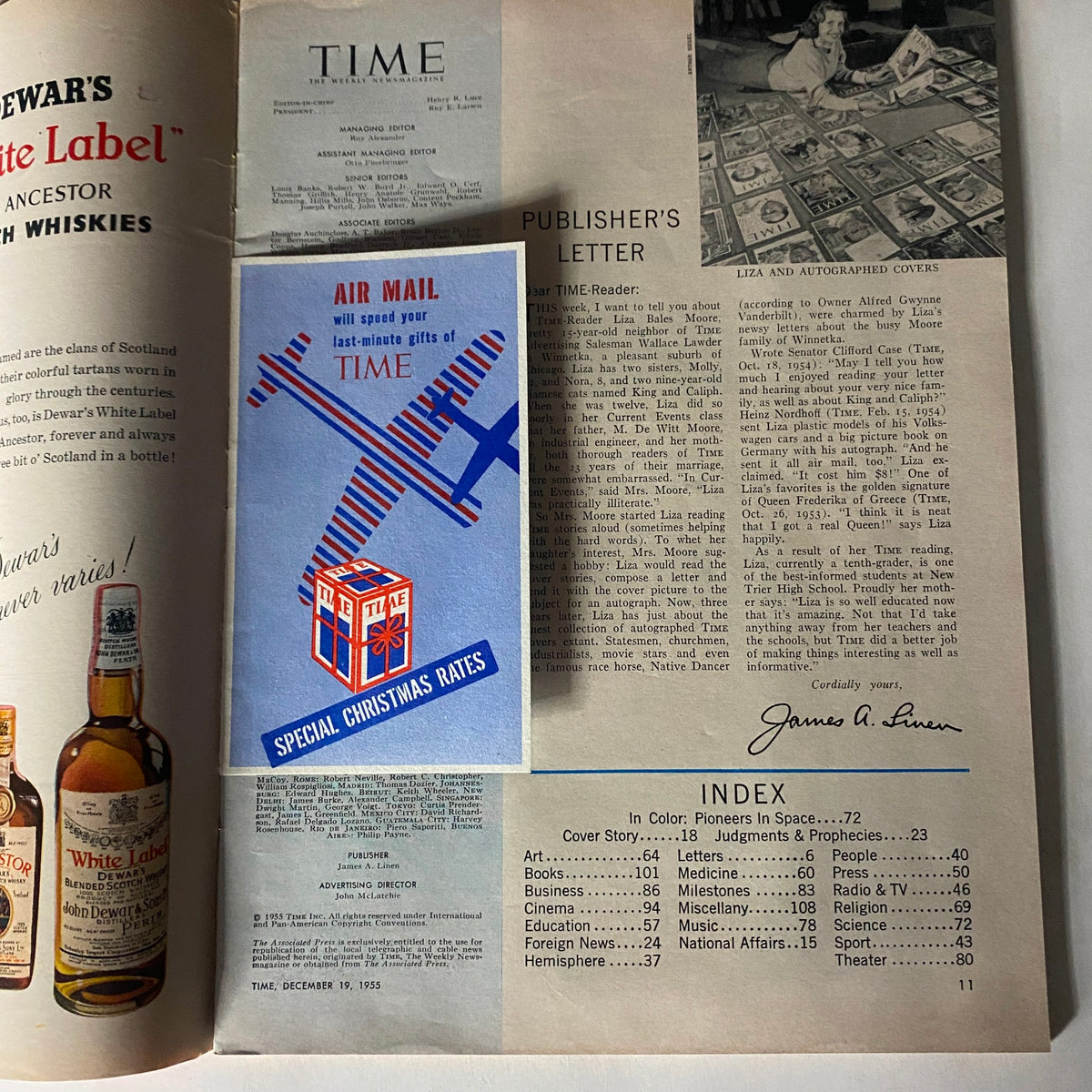 Inside view of VTG Time Magazine December 19, 1955, displaying the publisher's letter and the index section, featuring Christmas gift options and details relevant to that era.