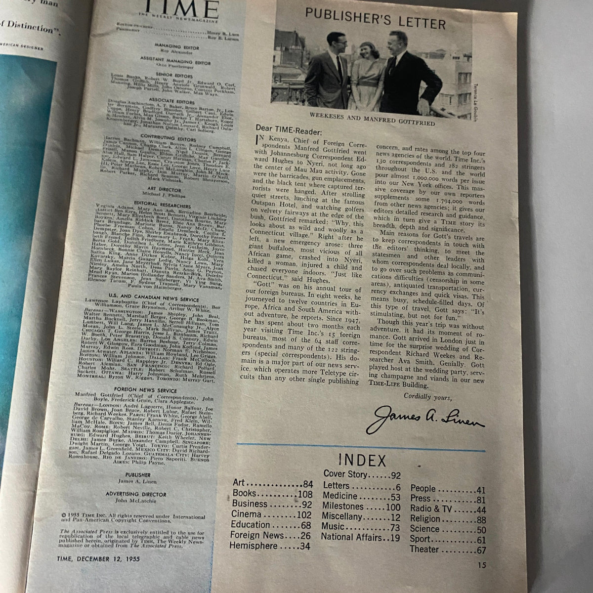 Publisher's Letter and Index from Vintage Time Magazine December 12, 1955, Vol 66 No. 24 Toymaker Louis Marx