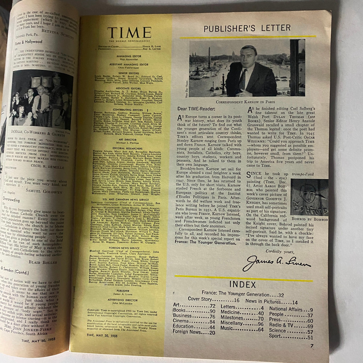 Interior page of the VTG Time Magazine May 30, 1955 displaying the publisher's letter and table of contents, highlighting significant topics like France: The Younger Generation.