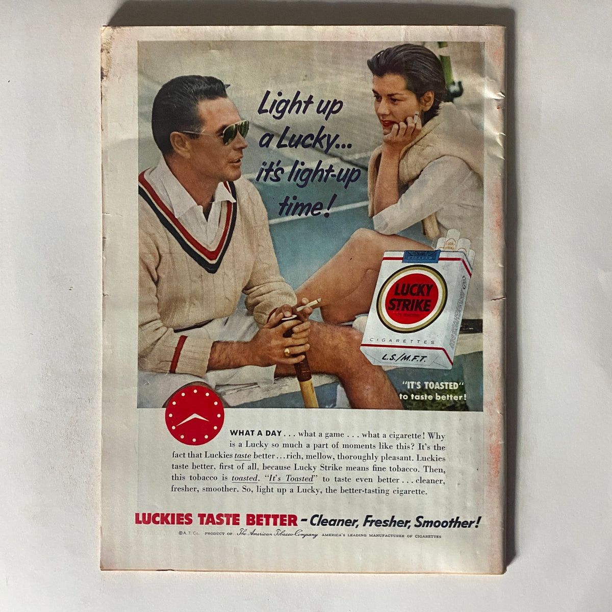 Back cover of the VTG Time Magazine May 30, 1955 featuring a vintage advertisement for Lucky Strike cigarettes, promoting a nostalgic view of mid-20th century American culture.