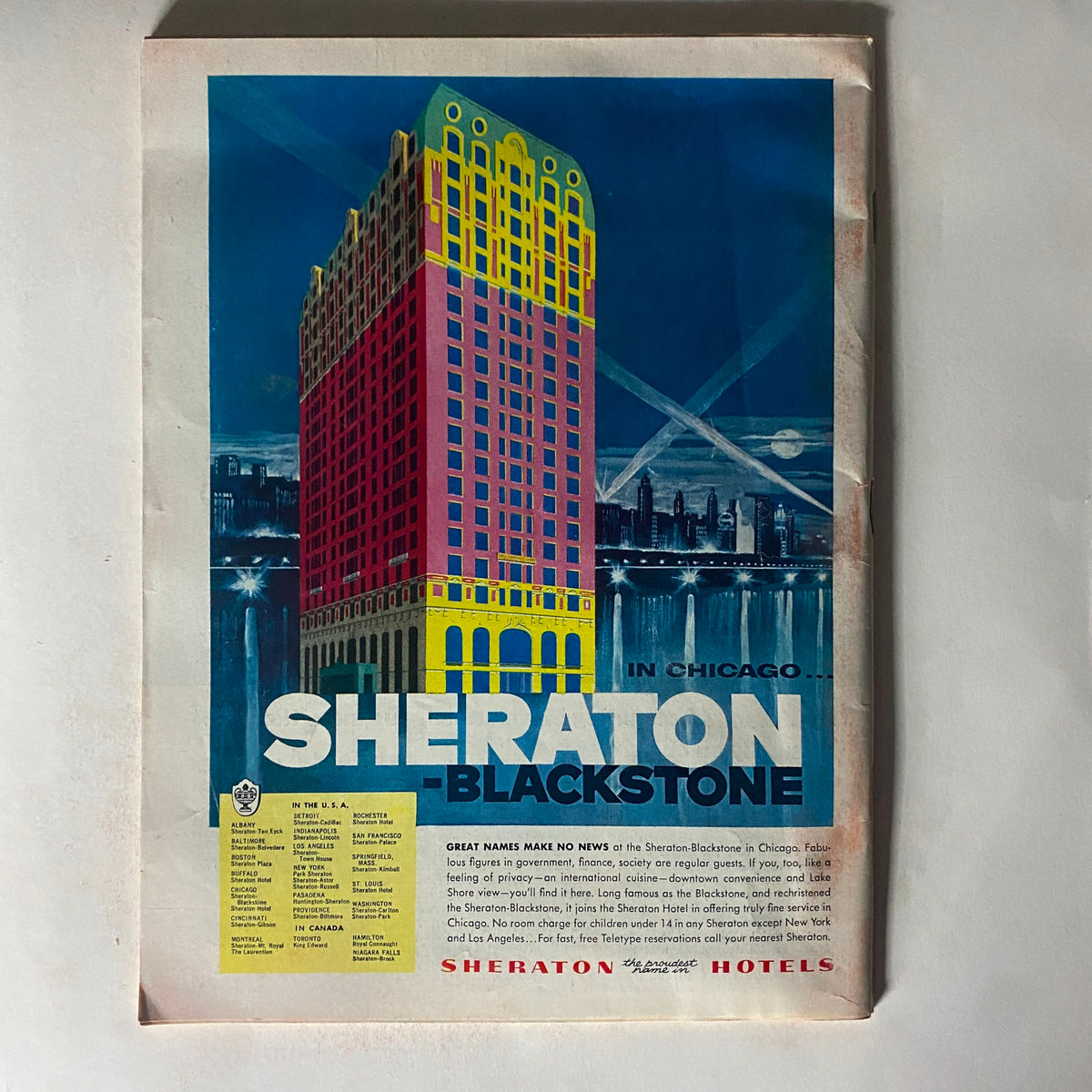 Advertisement page from VTG Time Magazine May 23, 1955 showcasing Sheraton Blackstone Hotel in Chicago.