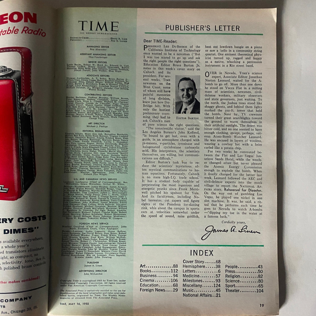 Inside page of VTG Time Magazine May 16, 1955 featuring the publisher's letter, contributing editors, and a table of contents for articles in Volume 65, Number 20.