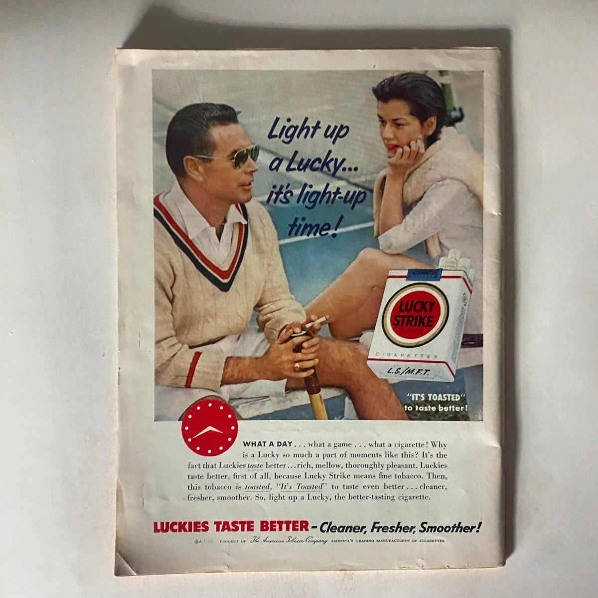 Back cover of VTG Time Magazine May 2, 1955 Vol 65 No. 18 showcasing a vintage advertisement for Lucky Strike cigarettes, capturing mid-20th century advertising style.
